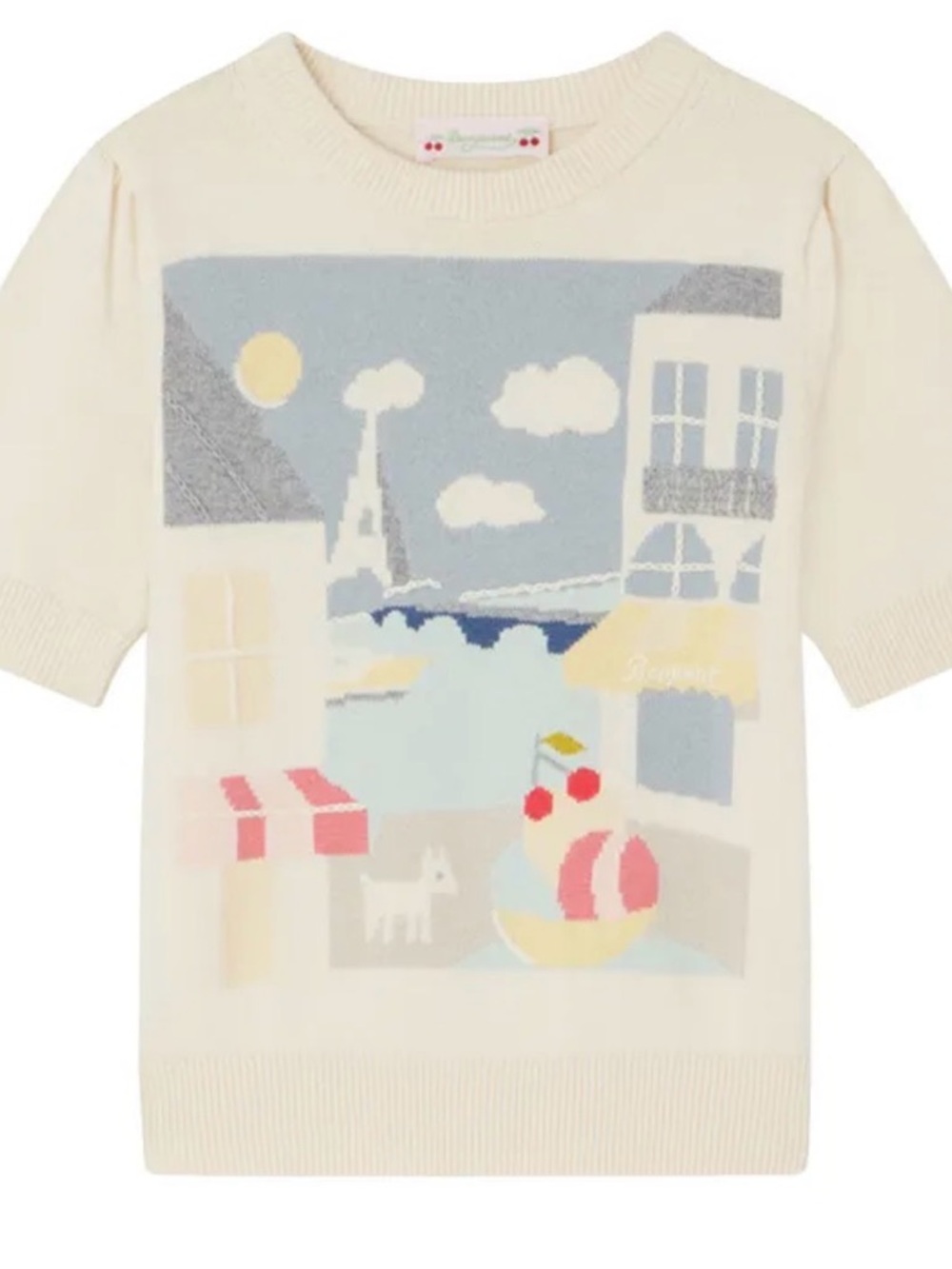 Bonpoint Cream Knit Tee with Pastel Scenic Motif